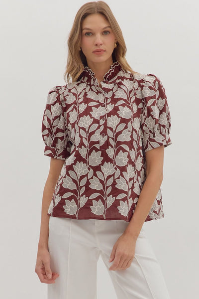 Botanical Embroidery Puff Sleeve Top