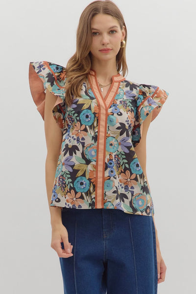 Multi-Floral Flutter Ruffle Sleeve Top