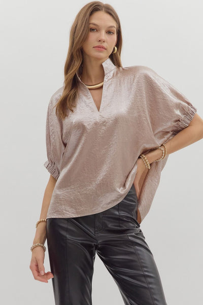 Metallic V-Neck Band Collar Top