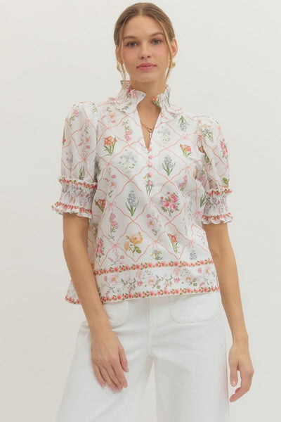 Botanical Print Short Puff Sleeve Top