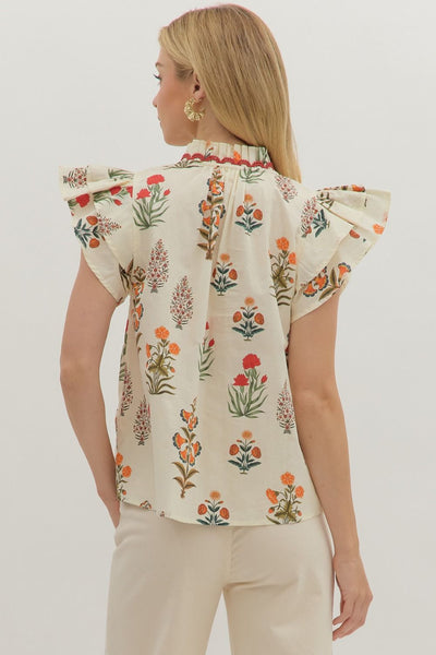 Botanical Print Short Flutter Sleeve Top