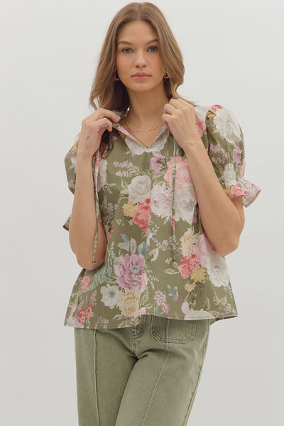 Floral Smocked Puff Sleeve V-Neck Top