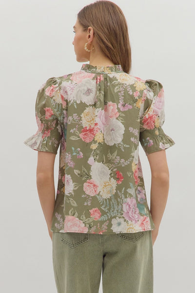 Floral Smocked Puff Sleeve V-Neck Top