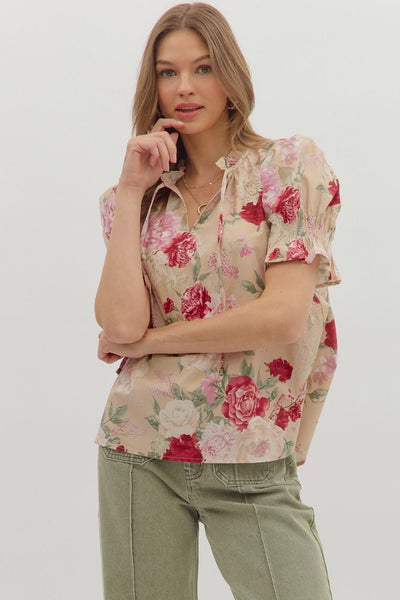 Floral Smocked Puff Sleeve V-Neck Top