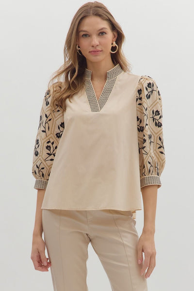 Floral Pattern Embroidered ¾ Sleeve Top