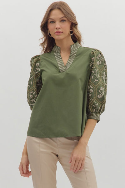 Floral Pattern Embroidered ¾ Sleeve Top