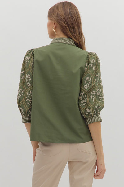 Floral Pattern Embroidered ¾ Sleeve Top