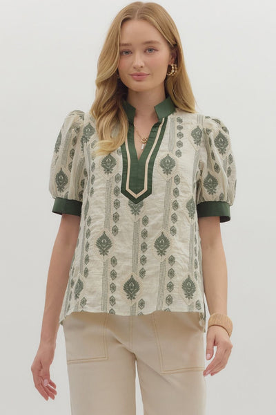 Abstract Pattern Embroidered Puff Sleeve Top