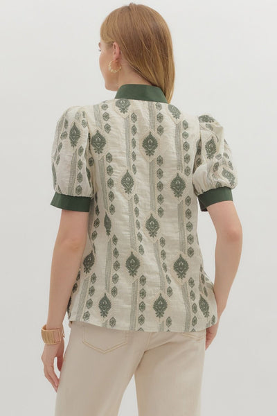 Abstract Pattern Embroidered Puff Sleeve Top