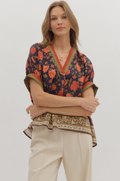 Floral Print Short Sleeve Woven Top