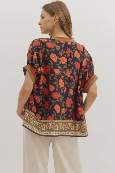 Floral Print Short Sleeve Woven Top