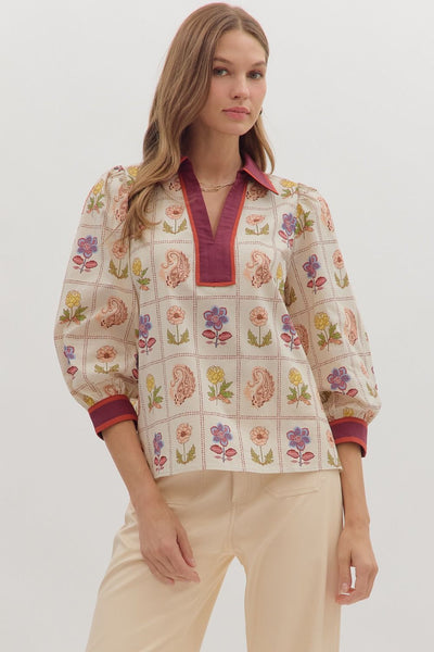 Floral Print 3/4 Puff Sleeve Top