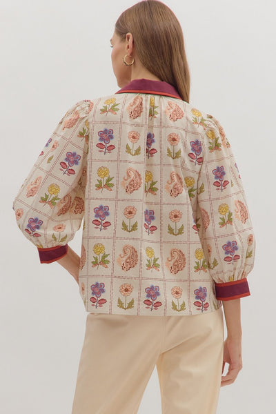 Floral Print 3/4 Puff Sleeve Top