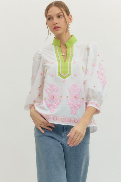 Floral Embroidered 3/4 Puff Sleeve Top