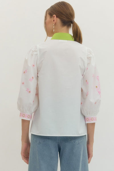 Floral Embroidered 3/4 Puff Sleeve Top