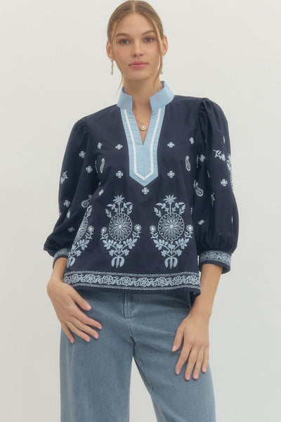 Floral Embroidered 3/4 Puff Sleeve Top