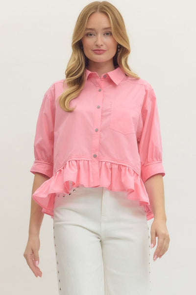 Solid Short Sleeve Button-Down Top