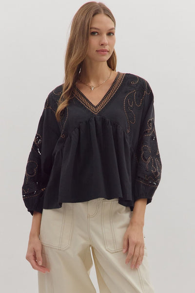 Solid V-Neck 3/4 Sleeve Top