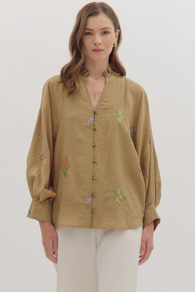 Embroidered Botanical Long Sleeve Top