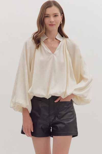 Solid Balloon Sleeve V-Neck Top
