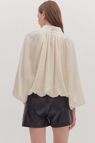 Solid Balloon Sleeve V-Neck Top
