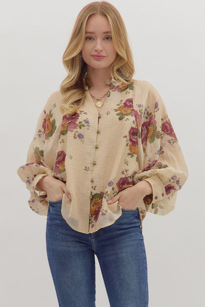 Floral Print Long Puff Sleeve Top