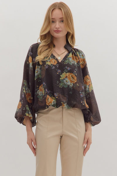 Floral Print Long Puff Sleeve Top