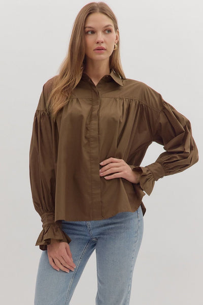 Solid Long Sleeve Button Down Top