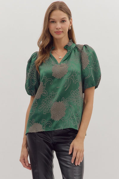Floral Jacquard Puff Sleeve Top