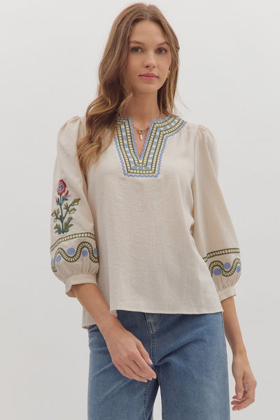 Floral Embroidered 3/4 Sleeve Top