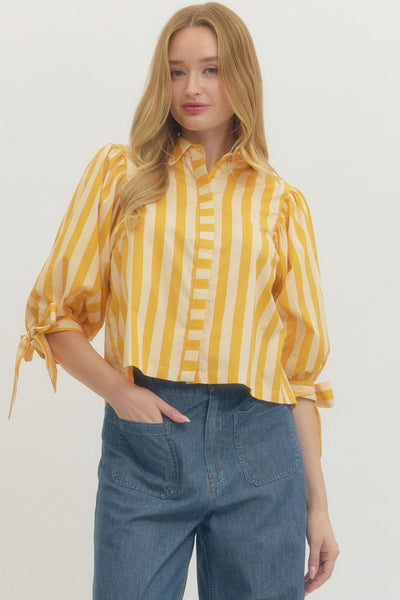 Striped 3/4 Puff Sleeve Woven Top