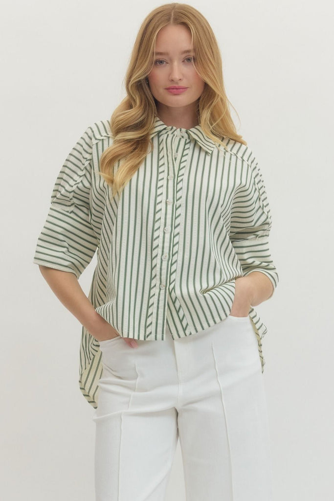 Striped 3/4 Sleeve Button Down Top
