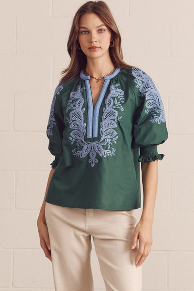 Solid Embroidered 3/4 Sleeve Top