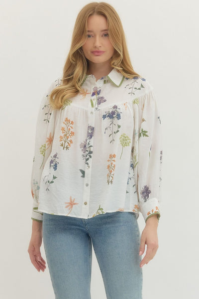 Botanical Long Sleeve Button Up Top