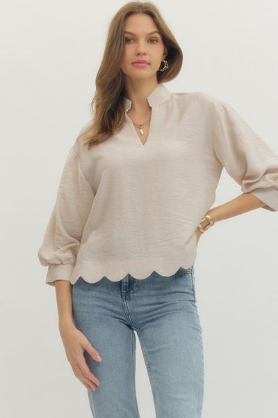 Solid 3/4 Sleeve Scallop Hem Top