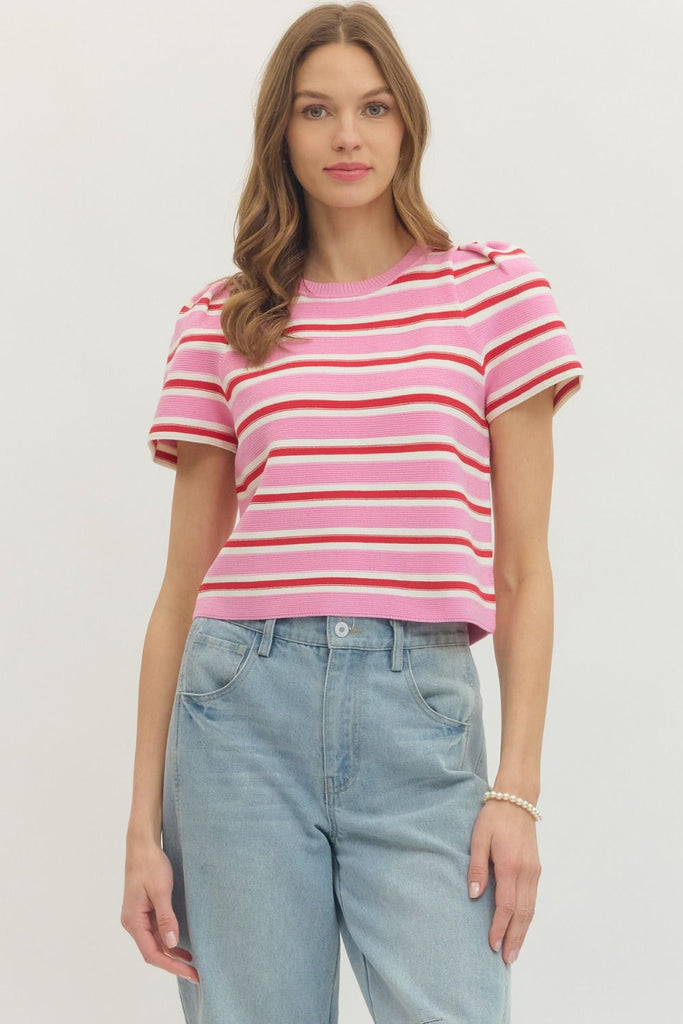 Striped Short Puff Sleeve Knit Top
