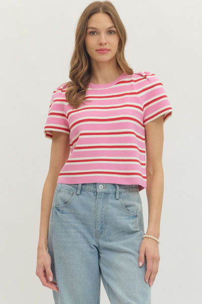 Striped Short Puff Sleeve Knit Top
