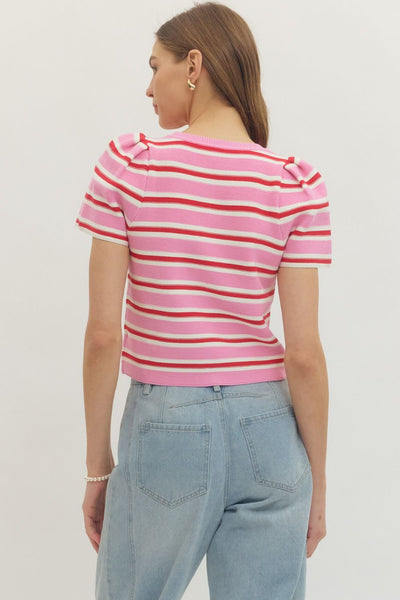 Striped Short Puff Sleeve Knit Top
