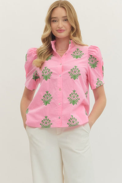 Embroidered Short Puff Sleeve Top