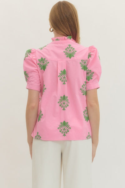 Embroidered Short Puff Sleeve Top