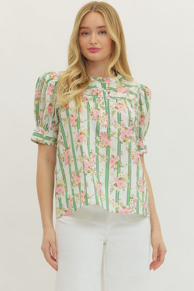 Botanical Striped Short Puff Sleeve Top