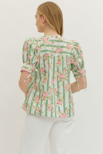 Botanical Striped Short Puff Sleeve Top