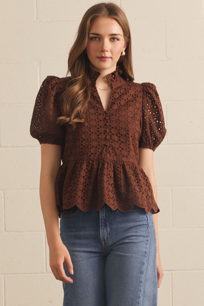 Eyelet Embroidery Puff Sleeve Top