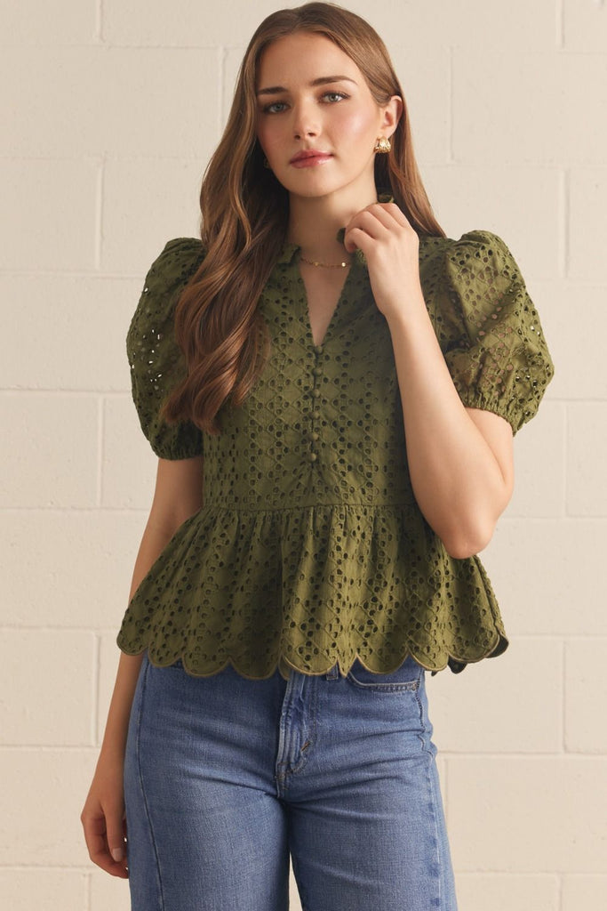 Eyelet Embroidery Puff Sleeve Top