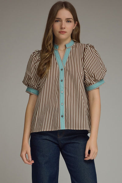 Stripe Print Short Puff Sleeve Top