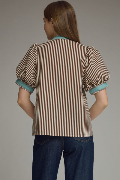 Stripe Print Short Puff Sleeve Top