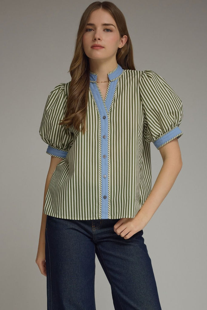 Stripe Print Short Puff Sleeve Top