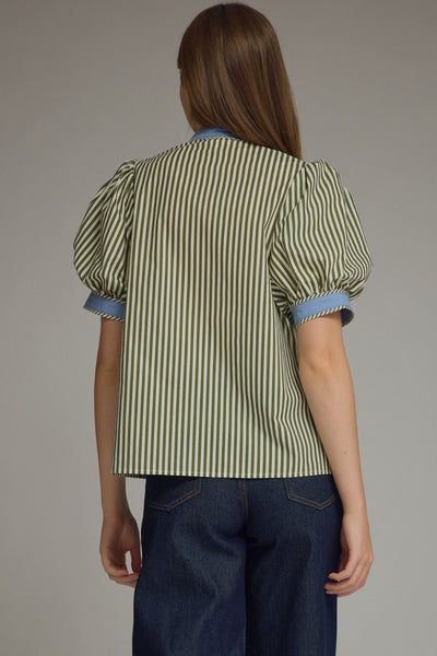 Stripe Print Short Puff Sleeve Top