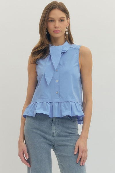 Sleeveless Tie Neck Button Up Top
