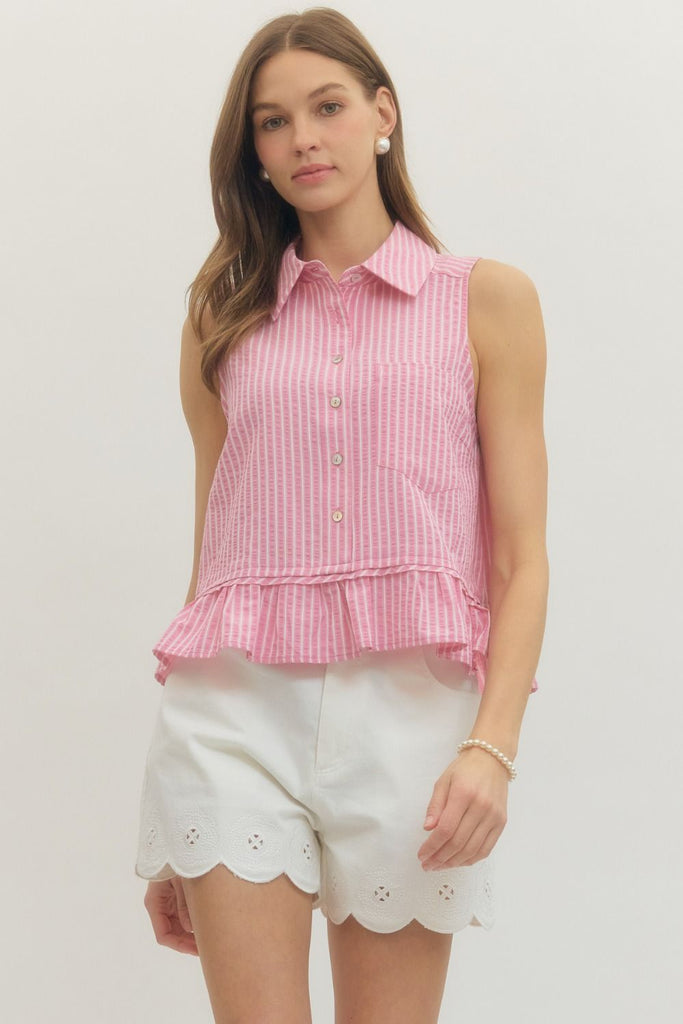 Striped Sleeveless Pointed Collar Top